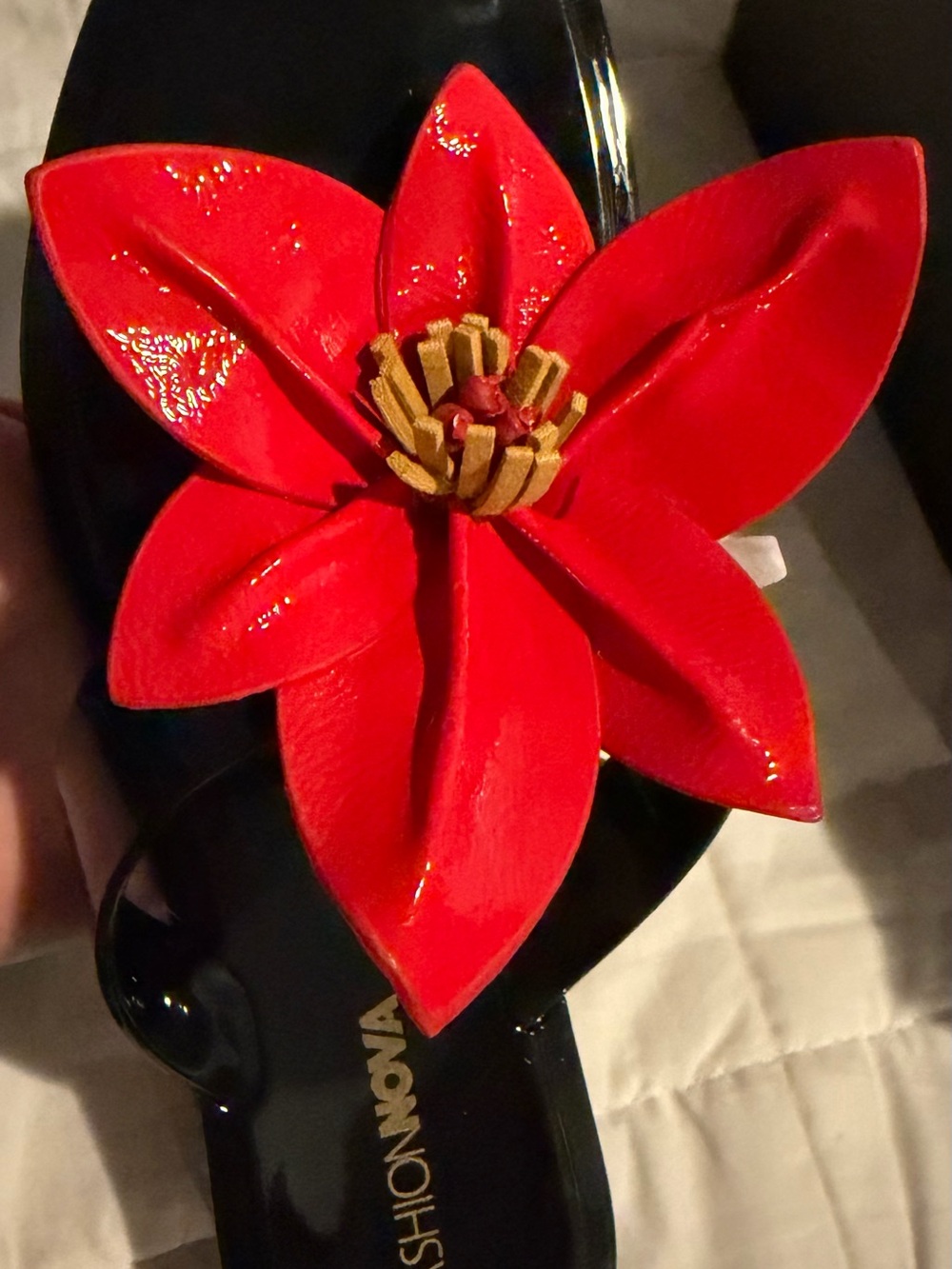 Fashion Nova Black Patent Slide Sandals with Red Flower Accent